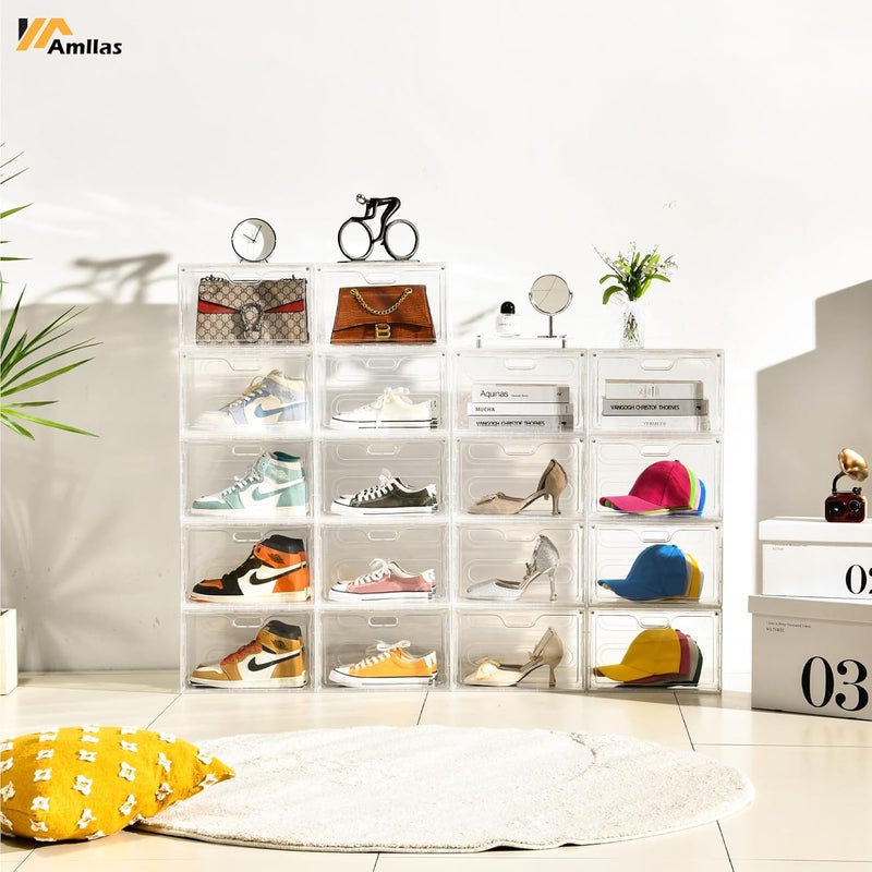 Amllas 8 Pack Shoe Boxes Clear Plastic Stackable, Large Shoe Storage Organizer with Lids,Drop Side Shoe Containers for Entryway,Sneaker Storage Fit up to US Size 13 (13’’x 10.6”x 8.3”) - Image 5